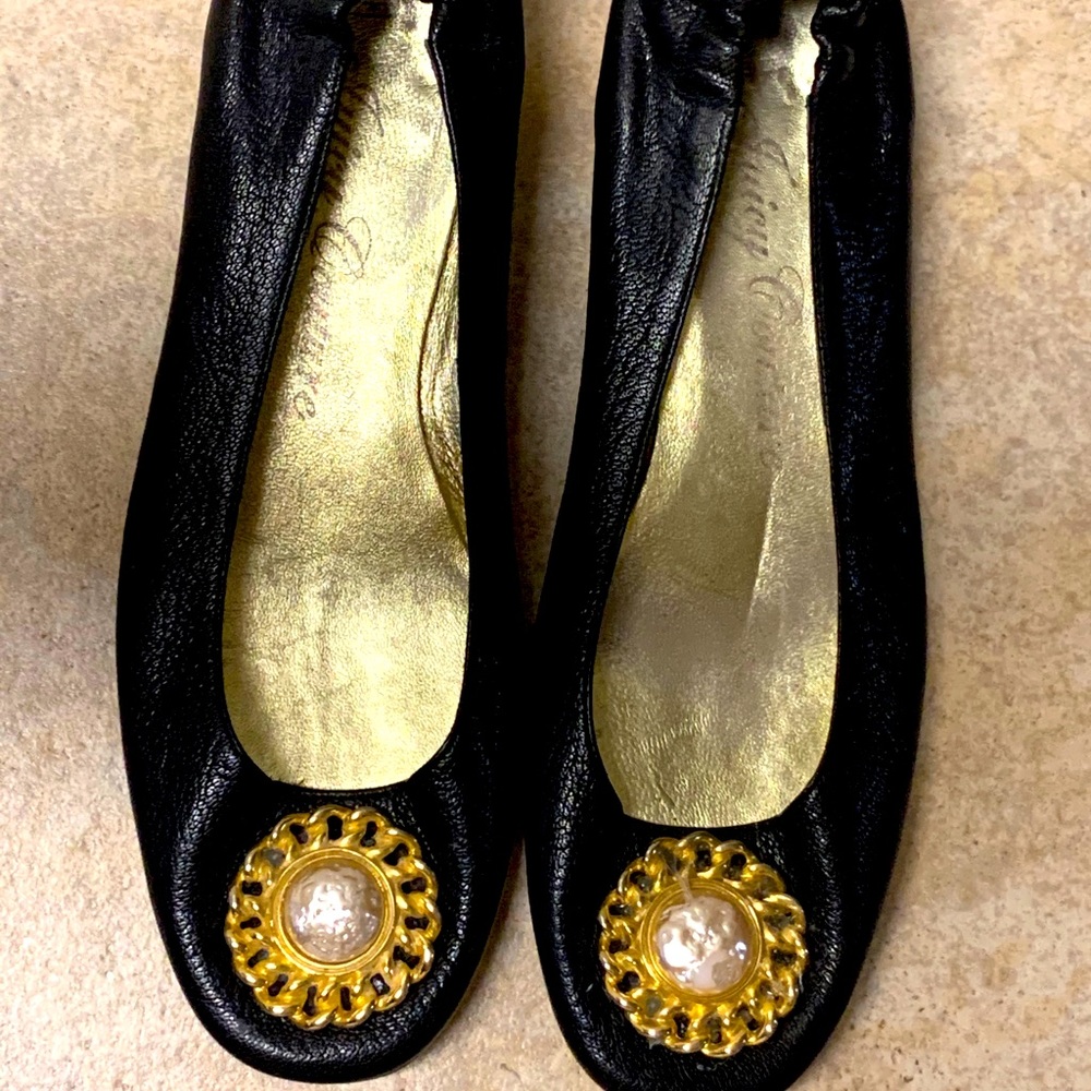 Black leather flats with pearl embellishments (8)